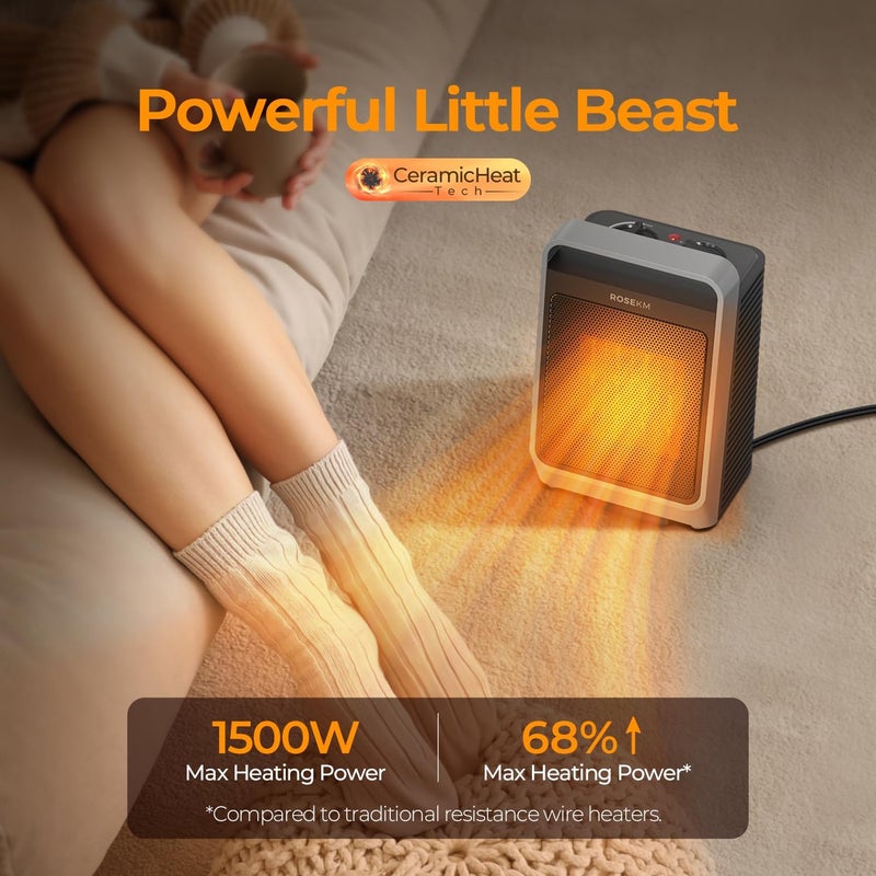 Rosekm Space Heaters for Indoor Use, 1500W Portable Electric Heater with Thermostat, Ceramic Heater for Room Bedroom Office Under Desk with 3 Heating Levels, Safe Tip-Over Protection - Image 2